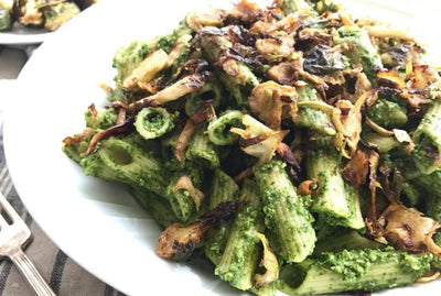 Spinach & Kale Pasta with Crispy Brussels Sprouts